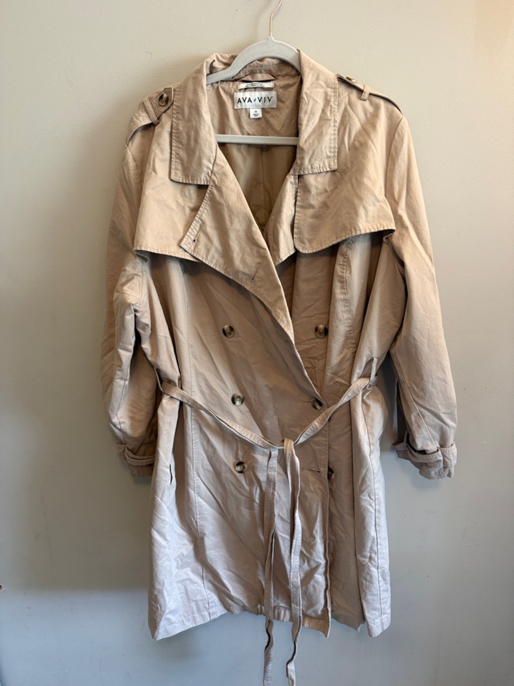 Gently worn - Ava & Viv Light Beige Double-Breasted Trench Coat with Belt